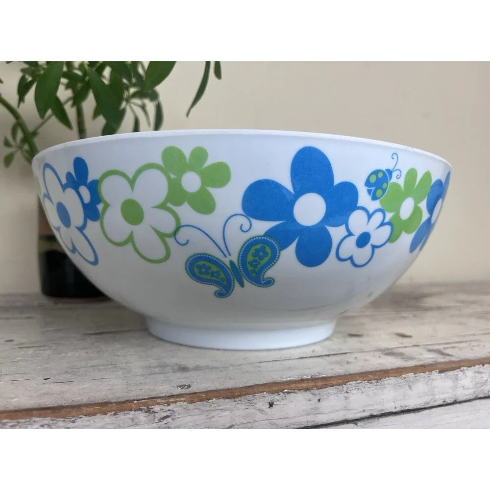Vintage Whimsical Serving Bowl 70’s Vibe Butterflies Flowers Ladybugs 10” Retro